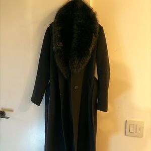 Michael Kors Black Wool Blend Coat with Faux Fur Collar
